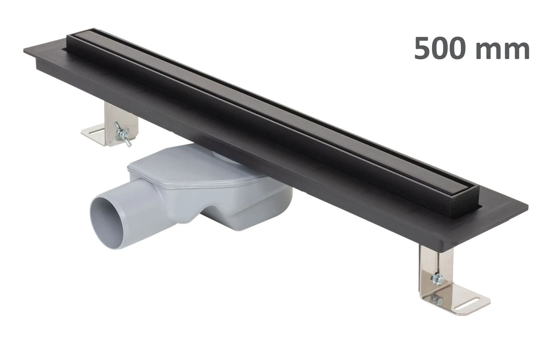 Odwodnienie liniowe podłogowe ELEGANCE, okvir ze stali nierdzewnej, ruszt STANDARD/CUSTOM 500 mm, Ø 50 mm, czarny