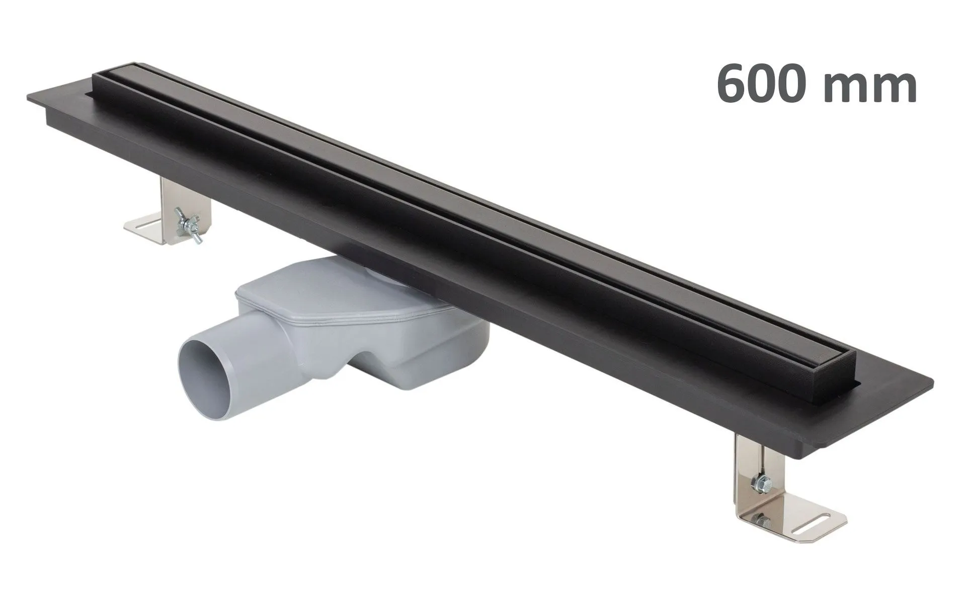 Odwodnienie liniowe podłogowe ELEGANCE, okvir ze stali nierdzewnej, ruszt STANDARD/CUSTOM 600 mm, Ø 50 mm, czarny
